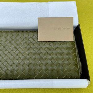 Bottega Veneta Intrecciato Leather Zip-Around Wallet/Card Holder Olive Green